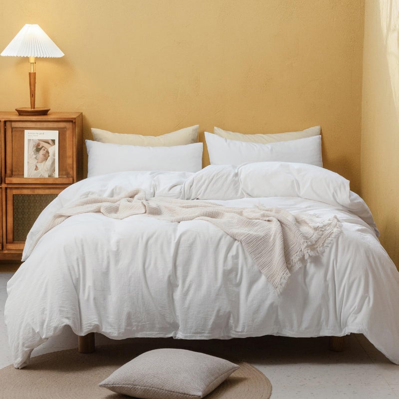 FOSSA White Duvet Cover Set, 100% Washed Cotton Linen Feel Super Soft Breathable Cozy 3 Pieces Bedding Sets Solid Off White Queen - Image 1